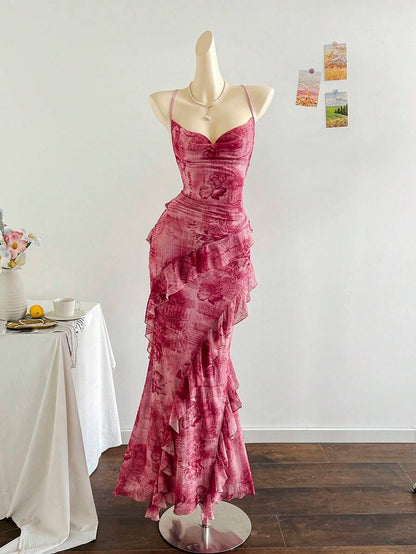 Stylish Mermaid Draped Neck Ruffled Floral Print Fuchsia Floor-Length Prom Dresses