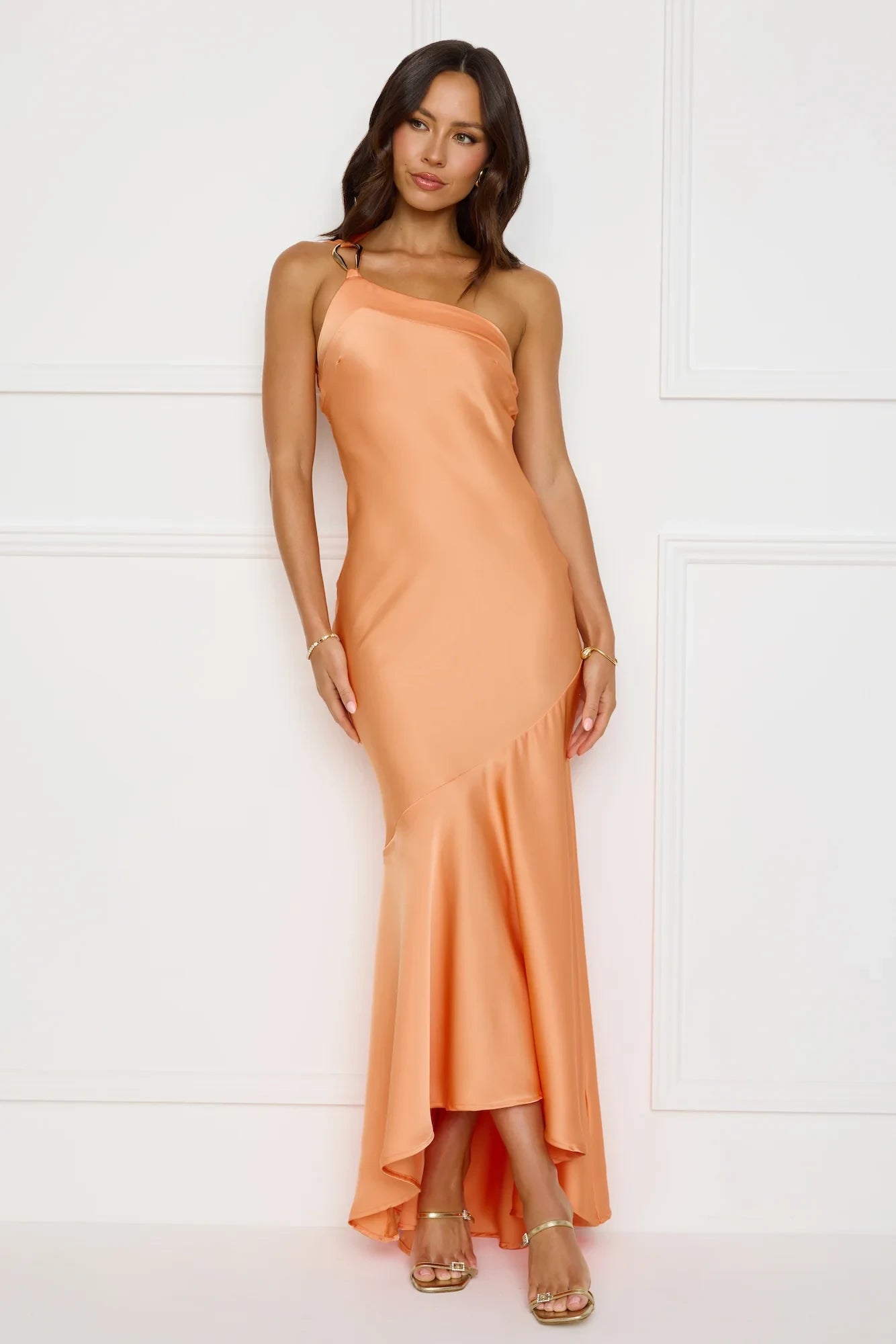 Stylish Mermaid One-Shoulder Draped Ruffle Hem Satin Peach Floor Length Prom Dress
