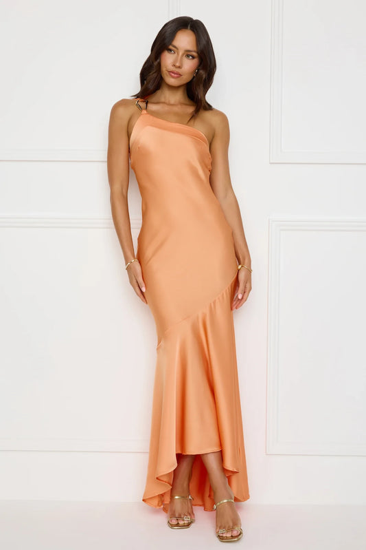 Stylish Mermaid One-Shoulder Draped Ruffle Hem Satin Peach Floor Length Prom Dress