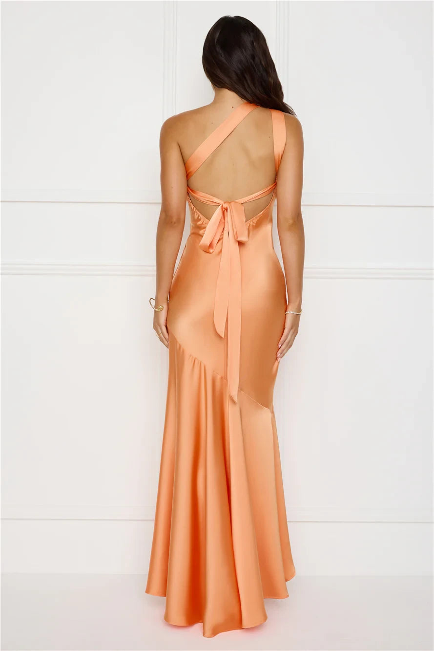 Stylish Mermaid One-Shoulder Draped Ruffle Hem Satin Peach Floor Length Prom Dress