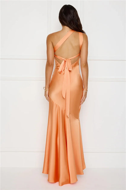 Stylish Mermaid One-Shoulder Draped Ruffle Hem Satin Peach Floor Length Prom Dress