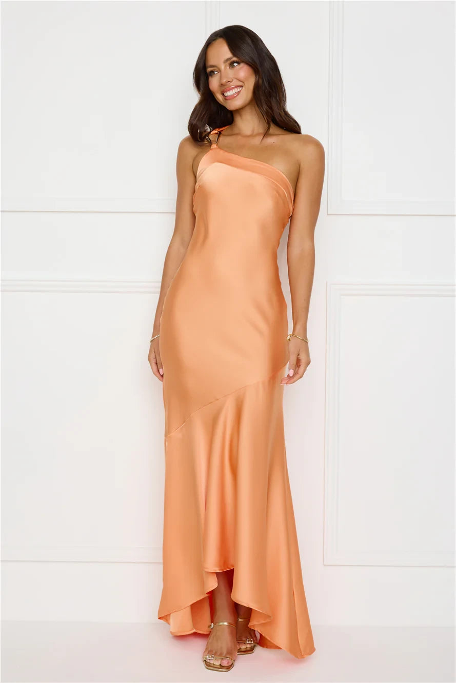 Stylish Mermaid One-Shoulder Draped Ruffle Hem Satin Peach Floor Length Prom Dress