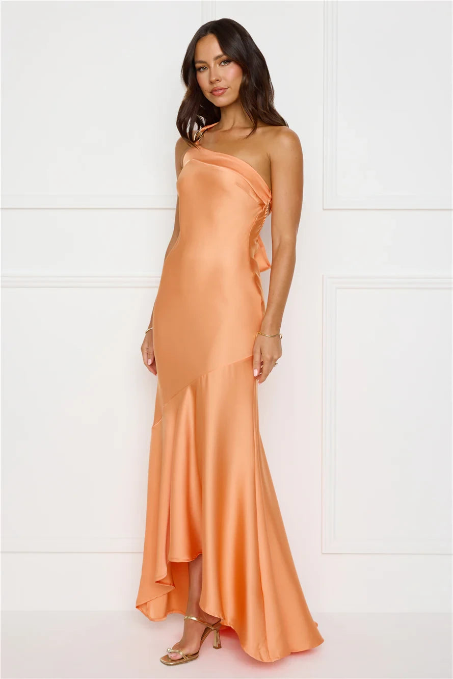 Stylish Mermaid One-Shoulder Draped Ruffle Hem Satin Peach Floor Length Prom Dress