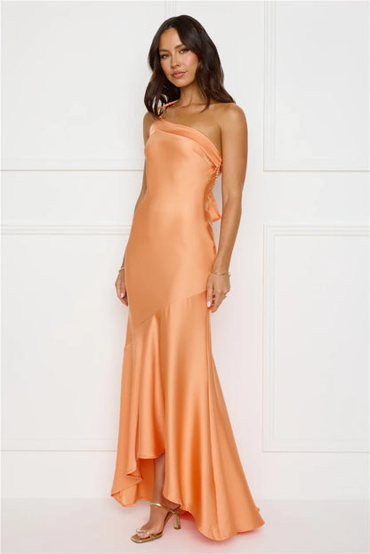 Stylish Mermaid One-Shoulder Draped Ruffle Hem Satin Peach Floor Length Prom Dress