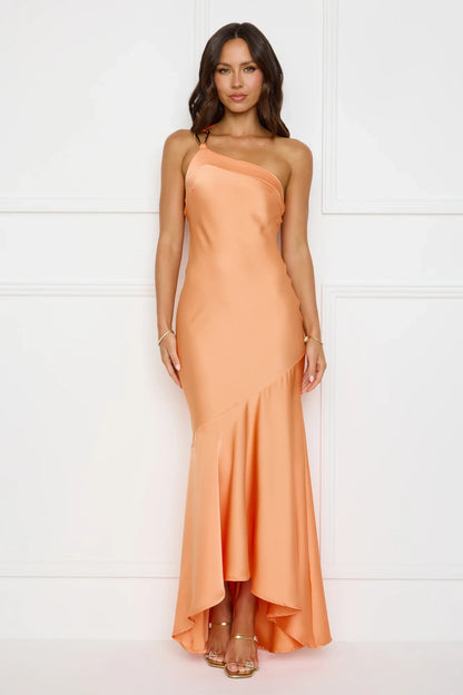 Stylish Mermaid One-Shoulder Draped Ruffle Hem Satin Peach Floor Length Prom Dress