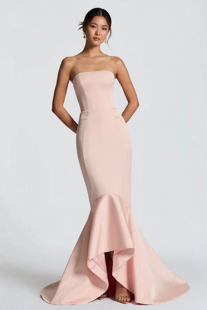 Stylish Mermaid Strapless Glamorous Blush Floor-Length Prom Dress With Ruffle Hem