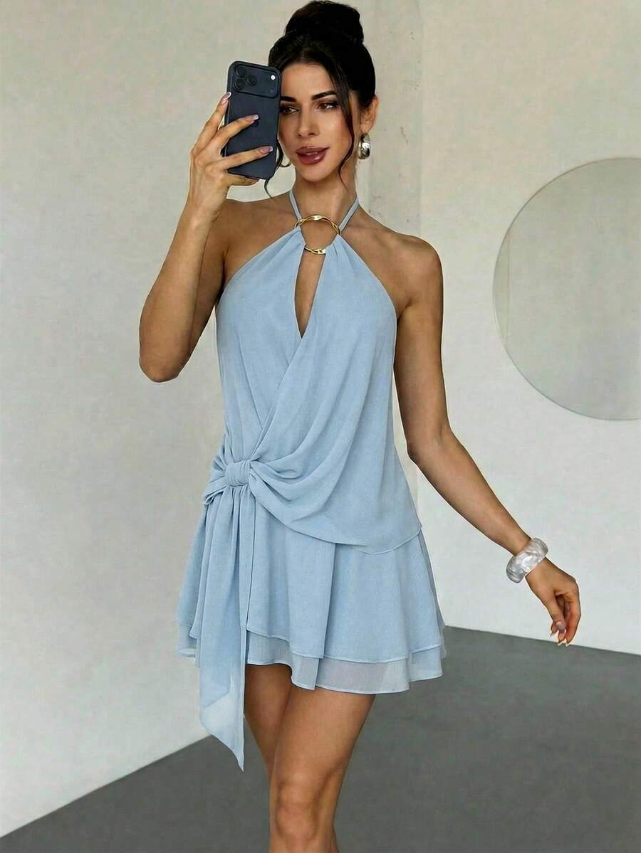 Stylish Romantic A-Line Halter Neck Keyhole Knot Light Blue Mini Homecoming Dresses