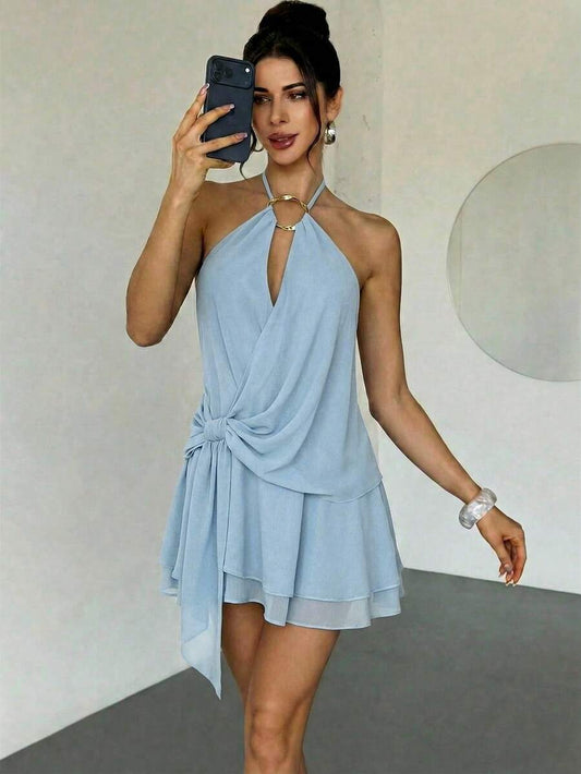 Stylish Romantic A-Line Halter Neck Keyhole Knot Light Blue Mini Homecoming Dresses