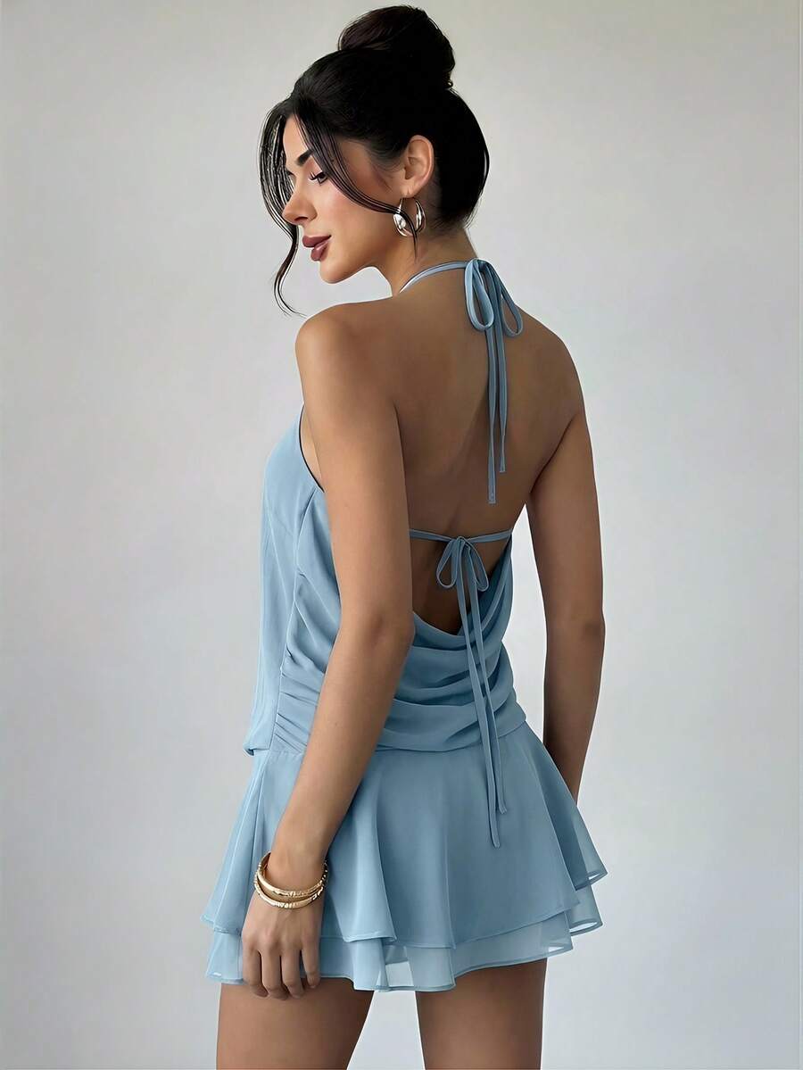 Stylish Romantic A-Line Halter Neck Keyhole Knot Light Blue Mini Homecoming Dresses
