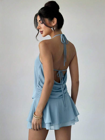 Stylish Romantic A-Line Halter Neck Keyhole Knot Light Blue Mini Homecoming Dresses