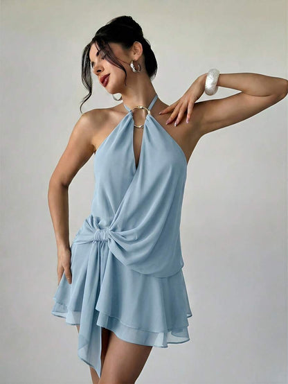 Stylish Romantic A-Line Halter Neck Keyhole Knot Light Blue Mini Homecoming Dresses