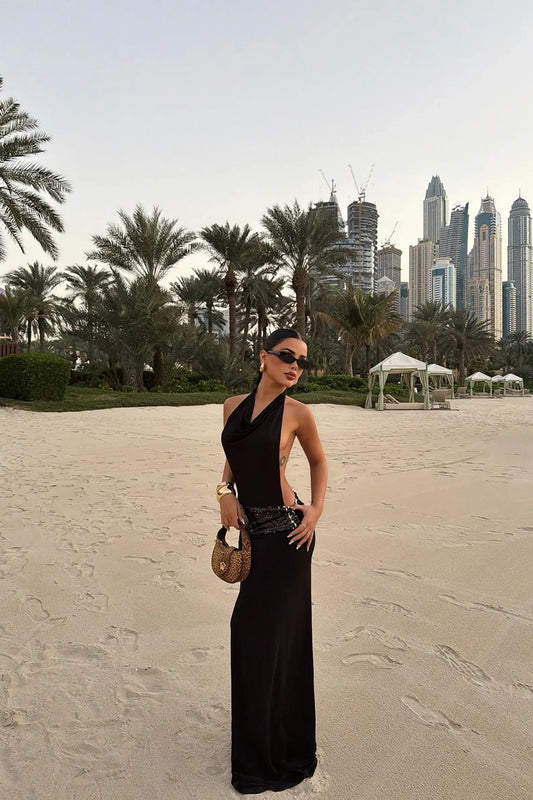 Stylish Sexy Sheath Halter Cowl Neck Open Back Sequin Black Floor-Length Prom Dress