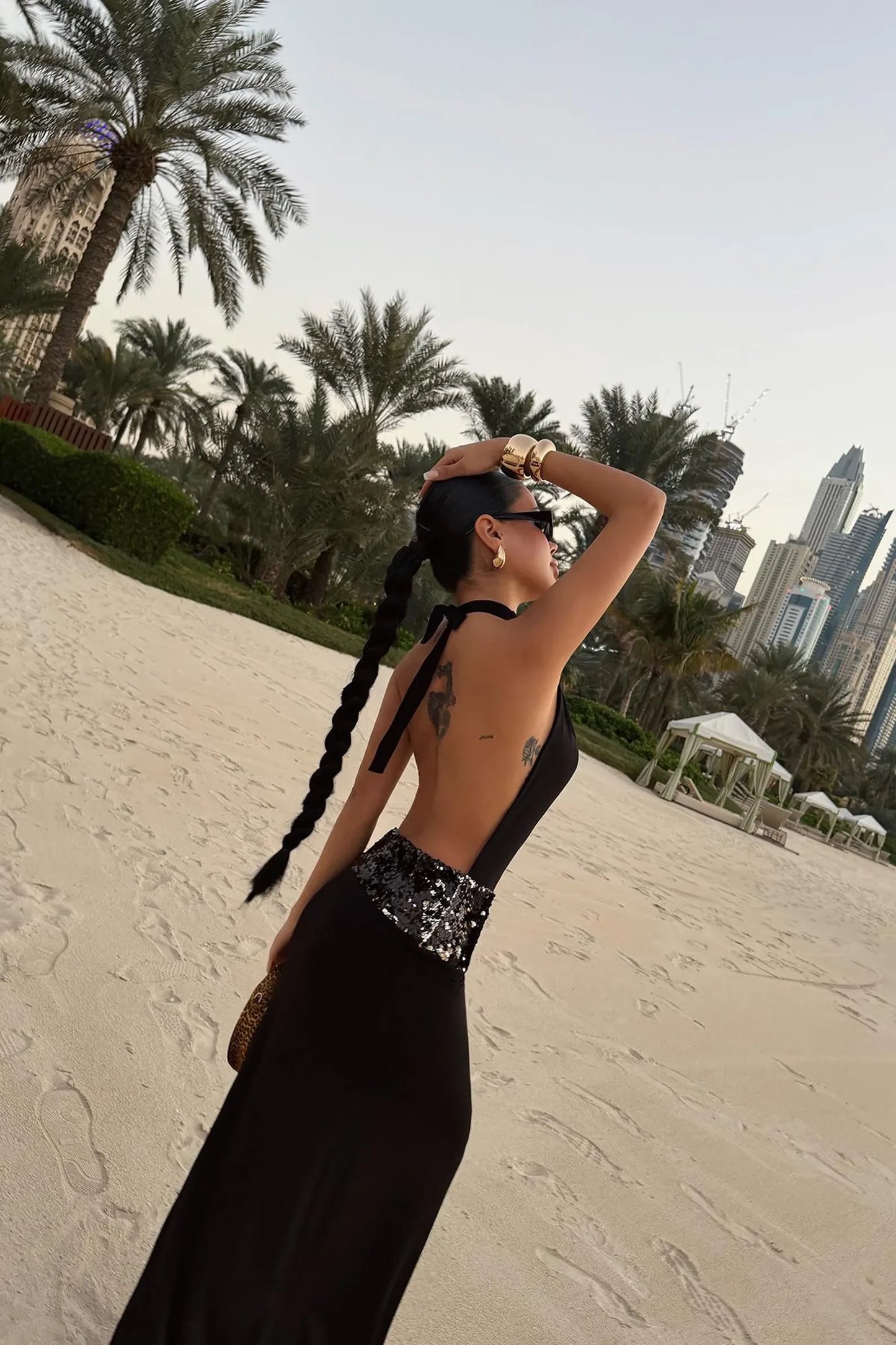 Stylish Sexy Sheath Halter Cowl Neck Open Back Sequin Black Floor-Length Prom Dress
