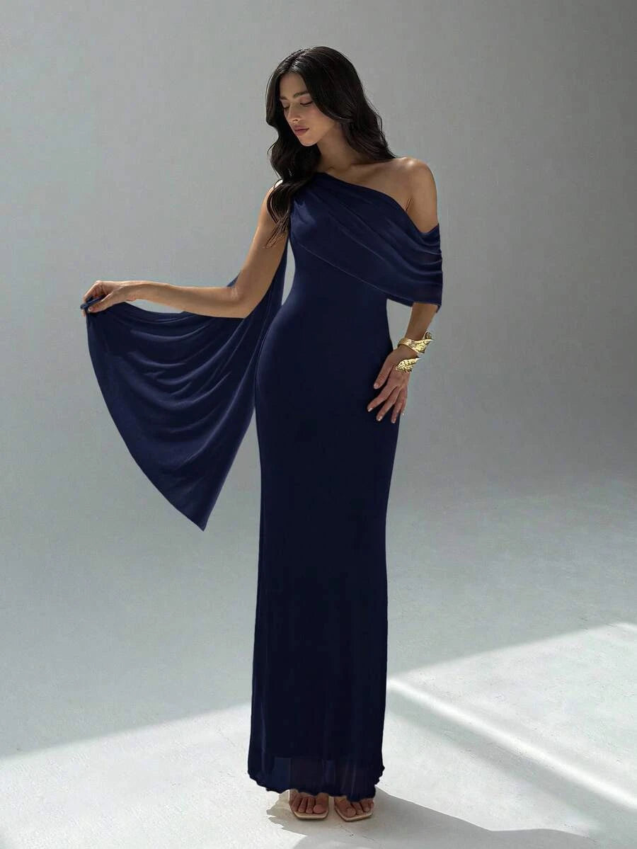 Stylish Sheath Asymmetric-Shoulder Draped Streamer Navy Floor-Length Prom Dress