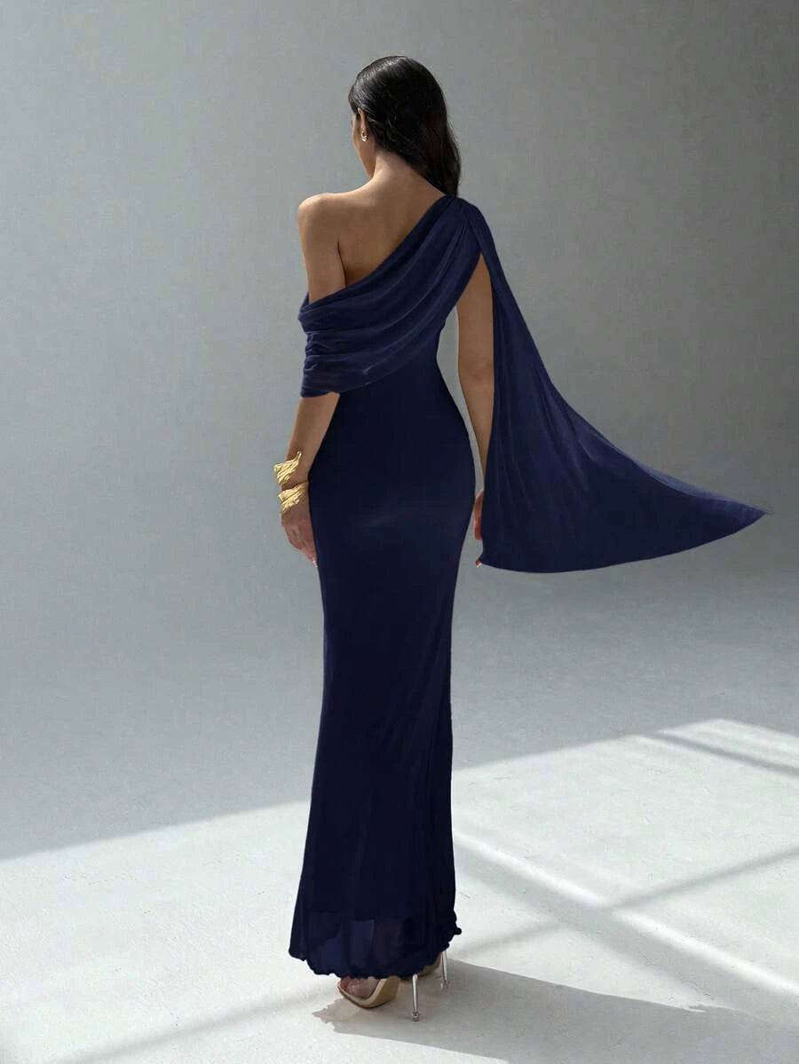 Stylish Sheath Asymmetric-Shoulder Draped Streamer Navy Floor-Length Prom Dress
