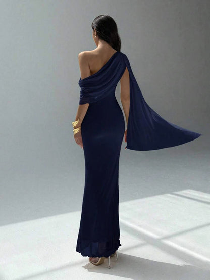 Stylish Sheath Asymmetric-Shoulder Draped Streamer Navy Floor-Length Prom Dress