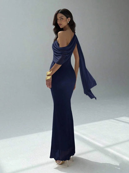 Stylish Sheath Asymmetric-Shoulder Draped Streamer Navy Floor-Length Prom Dress