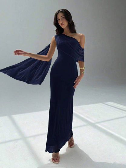 Stylish Sheath Asymmetric-Shoulder Draped Streamer Navy Floor-Length Prom Dress