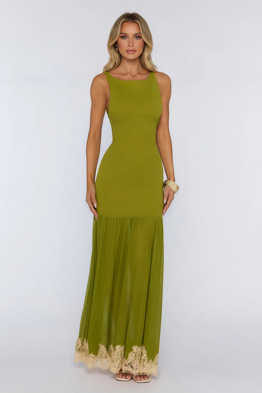 Stylish Sheath Boat Neck Backless Lace-Trimmed Olive Green Floor-Length Prom Dress