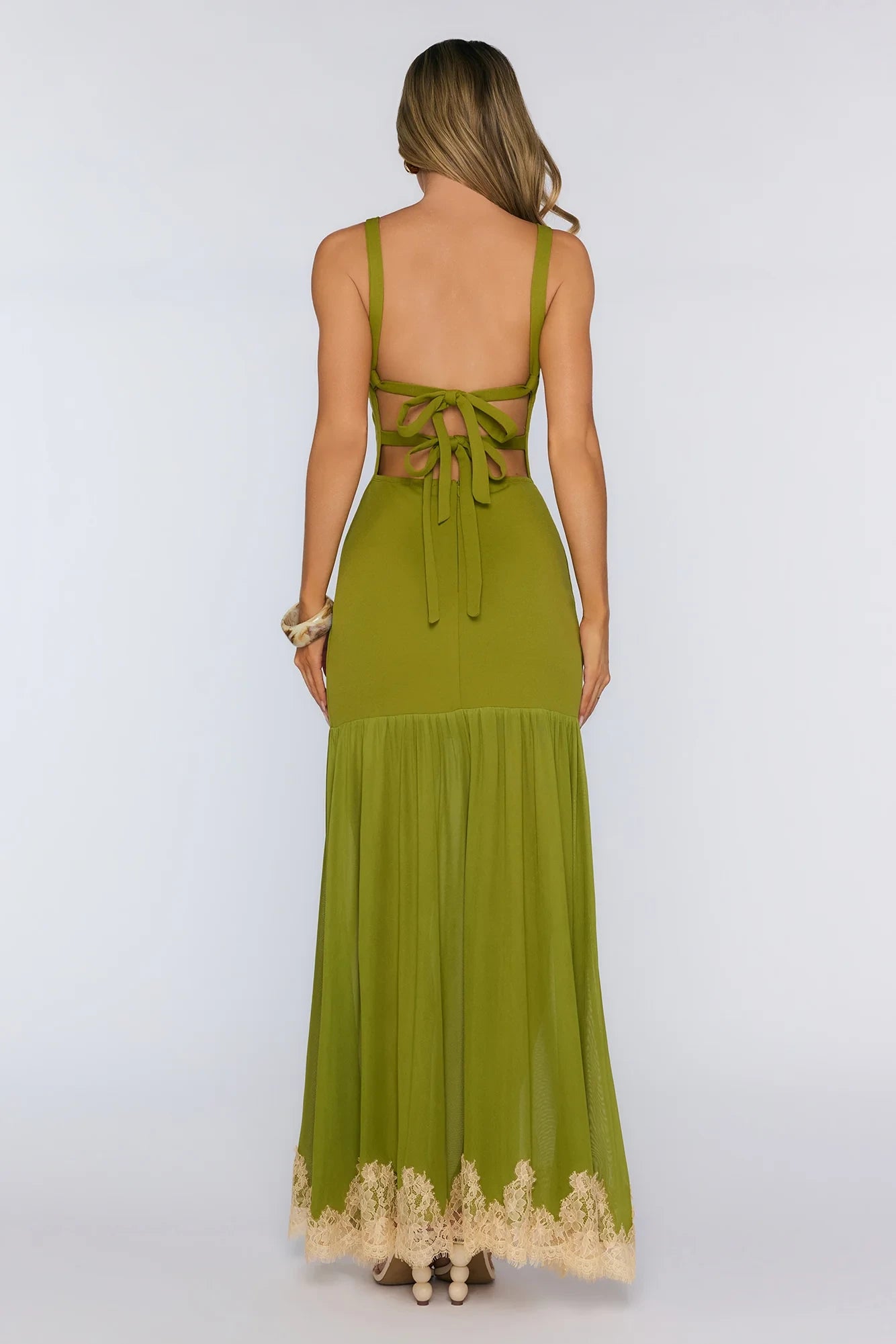 Stylish Sheath Boat Neck Backless Lace-Trimmed Olive Green Floor-Length Prom Dress