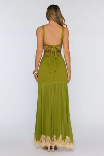 Stylish Sheath Boat Neck Backless Lace-Trimmed Olive Green Floor-Length Prom Dress