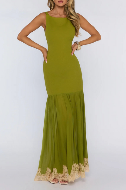 Stylish Sheath Boat Neck Backless Lace-Trimmed Olive Green Floor-Length Prom Dress