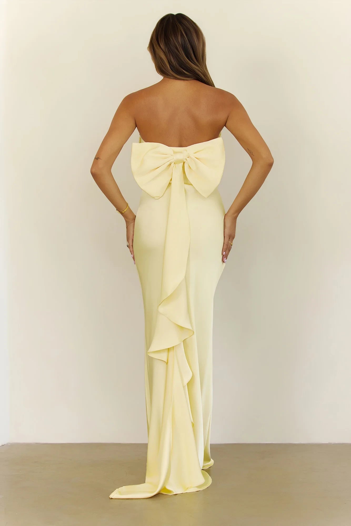 Stylish Sheath Strapless Back Bow Ruffle Butter Yellow Floor-Length Prom Dress