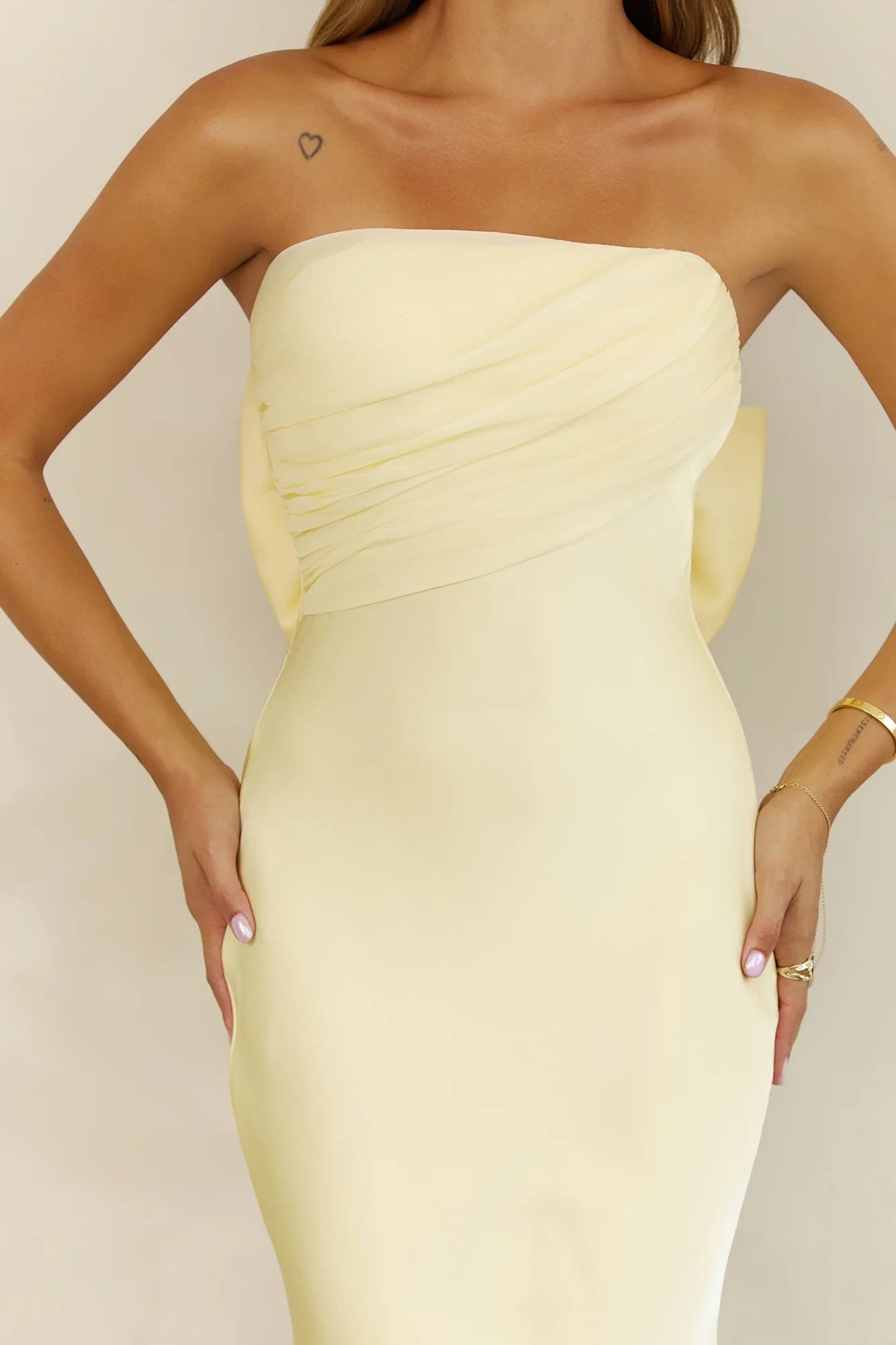 Stylish Sheath Strapless Back Bow Ruffle Butter Yellow Floor-Length Prom Dress