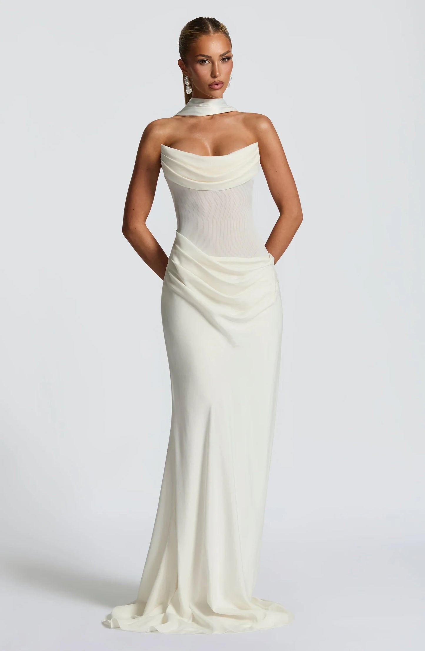 Stylish Sheath Strapless Draped Backless Mesh Ivory Floor-Length Prom Dress With Scarf