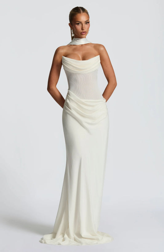 Stylish Sheath Strapless Draped Backless Mesh Ivory Floor-Length Prom Dress With Scarf