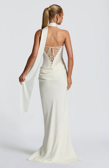 Stylish Sheath Strapless Draped Backless Mesh Ivory Floor-Length Prom Dress With Scarf