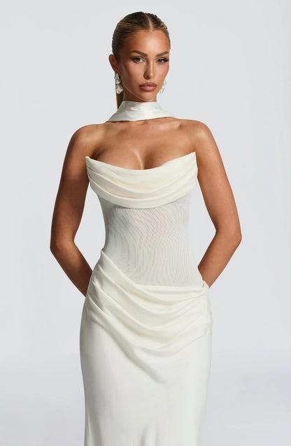 Stylish Sheath Strapless Draped Backless Mesh Ivory Floor-Length Prom Dress With Scarf