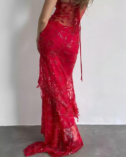 Sultry Spaghetti Strap Sheer Lace Mermaid Maxi Dress with Sequin Florals & Tie Back