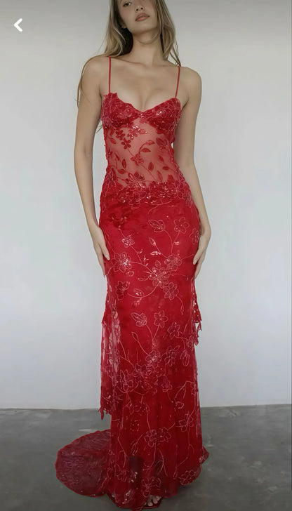 Sultry Spaghetti Strap Sheer Lace Mermaid Maxi Dress with Sequin Florals & Tie Back