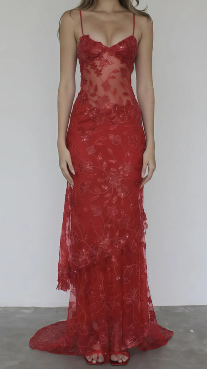 Sultry Spaghetti Strap Sheer Lace Mermaid Maxi Dress with Sequin Florals & Tie Back