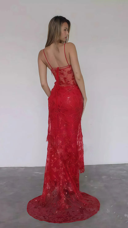 Sultry Spaghetti Strap Sheer Lace Mermaid Maxi Dress with Sequin Florals & Tie Back