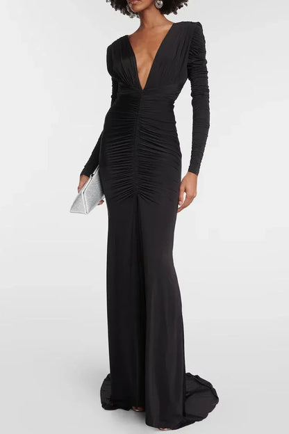 Sultry Mermaid Deep-V Long-Sleeve Ruched Black Maxi Prom Dress for Women for sale