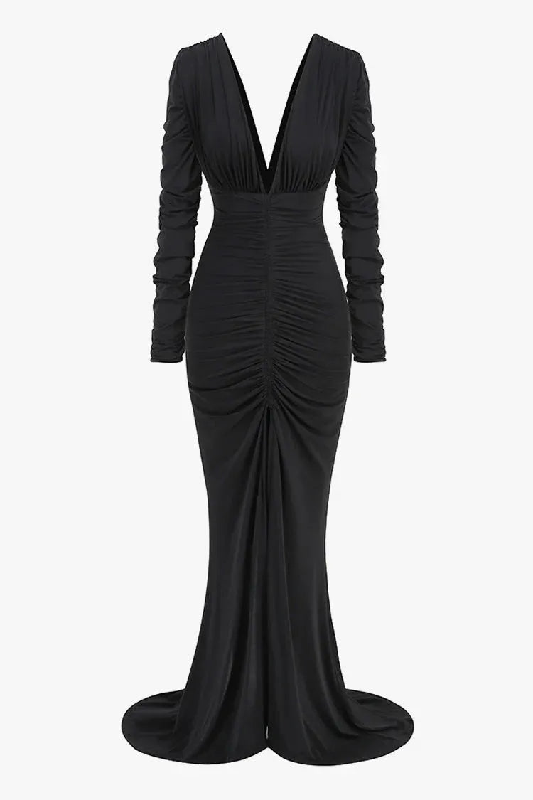 Sultry Mermaid Deep-V Long-Sleeve Ruched Black Maxi Prom Dress for Women for sale