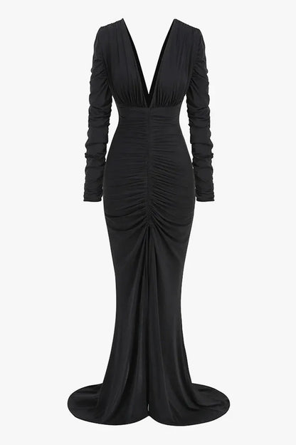 Sultry Mermaid Deep-V Long-Sleeve Ruched Black Maxi Prom Dress for Women for sale