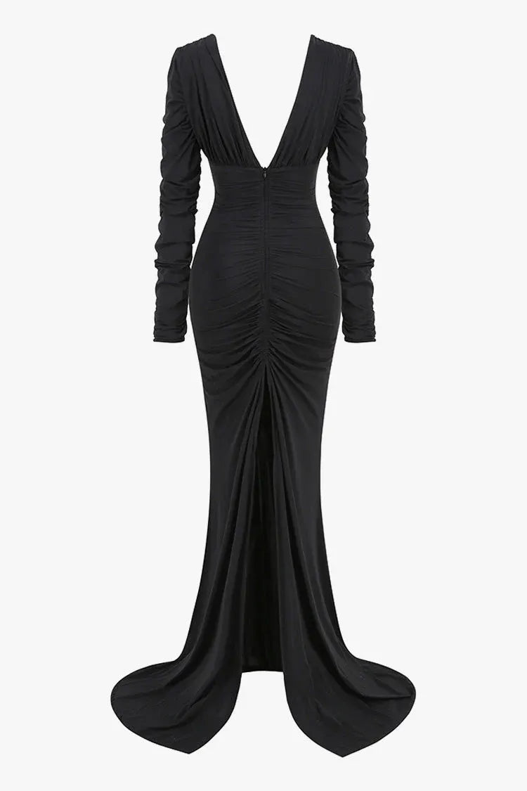 Sultry Mermaid Deep-V Long-Sleeve Ruched Black Maxi Prom Dress for Women for sale