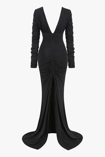 Sultry Mermaid Deep-V Long-Sleeve Ruched Black Maxi Prom Dress for Women for sale