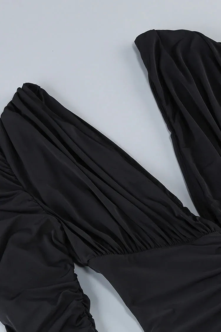 Sultry Mermaid Deep-V Long-Sleeve Ruched Black Maxi Prom Dress for Women for sale