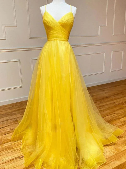 Sunny A-Line V-Neck Spaghetti Strap Tulle Yellow Prom Dress