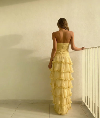 Sweet A-Line Strapless Sleeveless Zipper Back Floor-Length Tiered Ruffle Maxi Dress