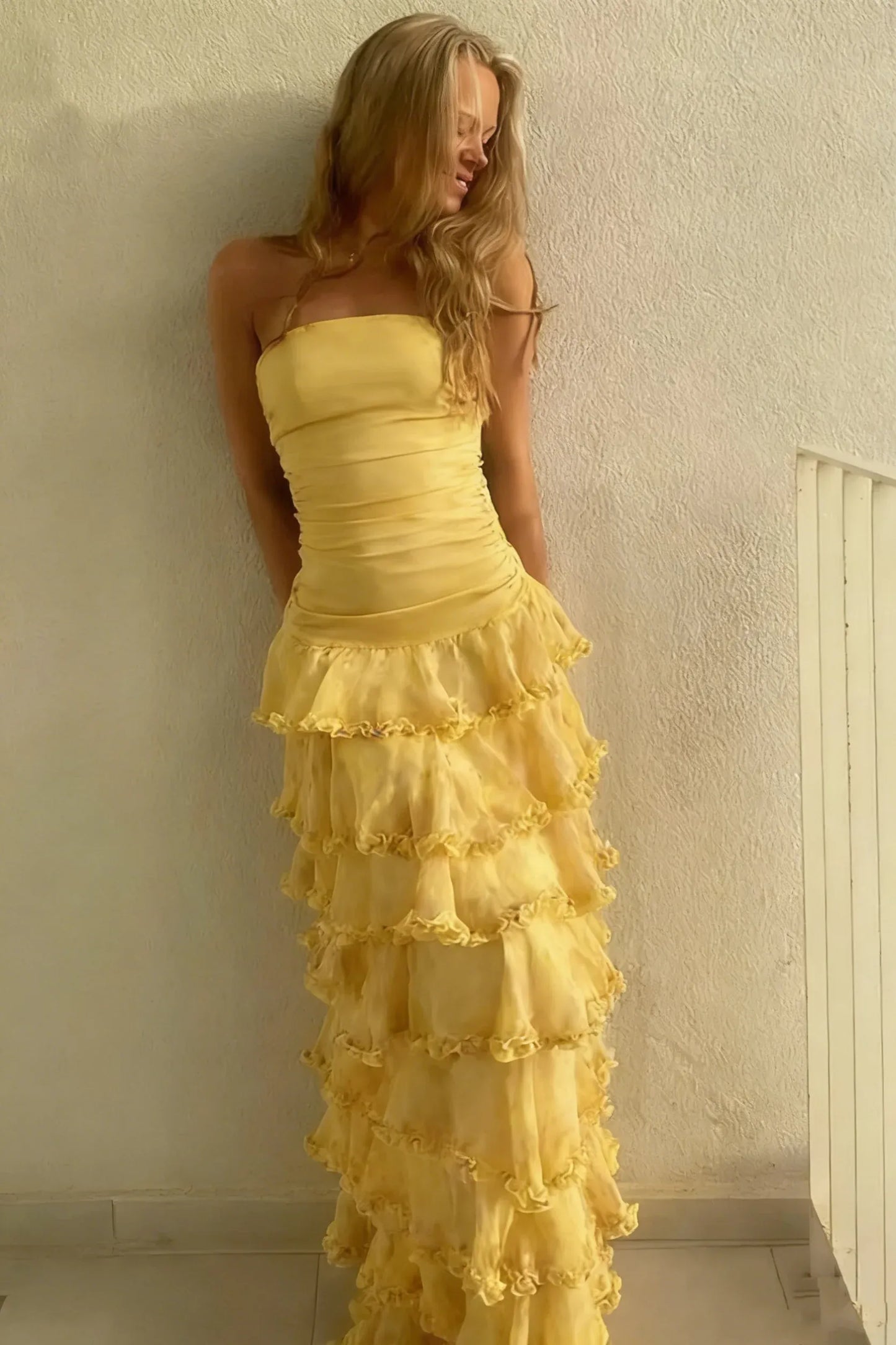 Sweet A-Line Strapless Sleeveless Zipper Back Floor-Length Tiered Ruffle Maxi Dress