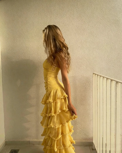 Sweet A-Line Strapless Sleeveless Zipper Back Floor-Length Tiered Ruffle Maxi Dress