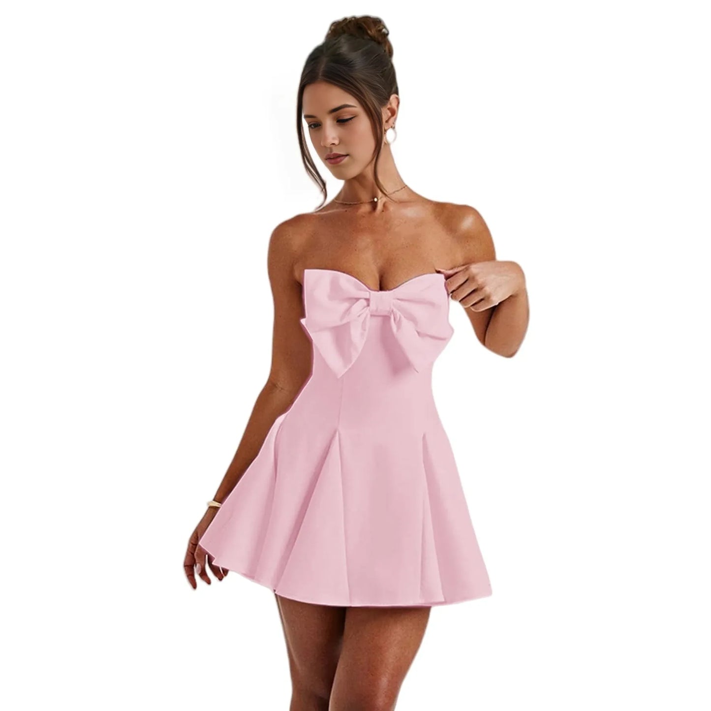 Sweet Bow-Accent Strapless Back Zip A-Line Mini Homecoming Dress