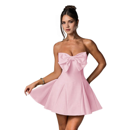 Sweet Bow-Accent Strapless Back Zip A-Line Mini Homecoming Dress