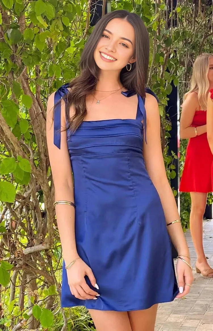Sweet Bow-Shoulder Homecoming Dresses Square Neck Cutout Back Satin Mini Party Dress