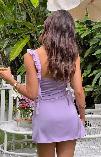 Sweet Satin V Neck Ruffle Strap Bow-Front Backless Mini Party Dress